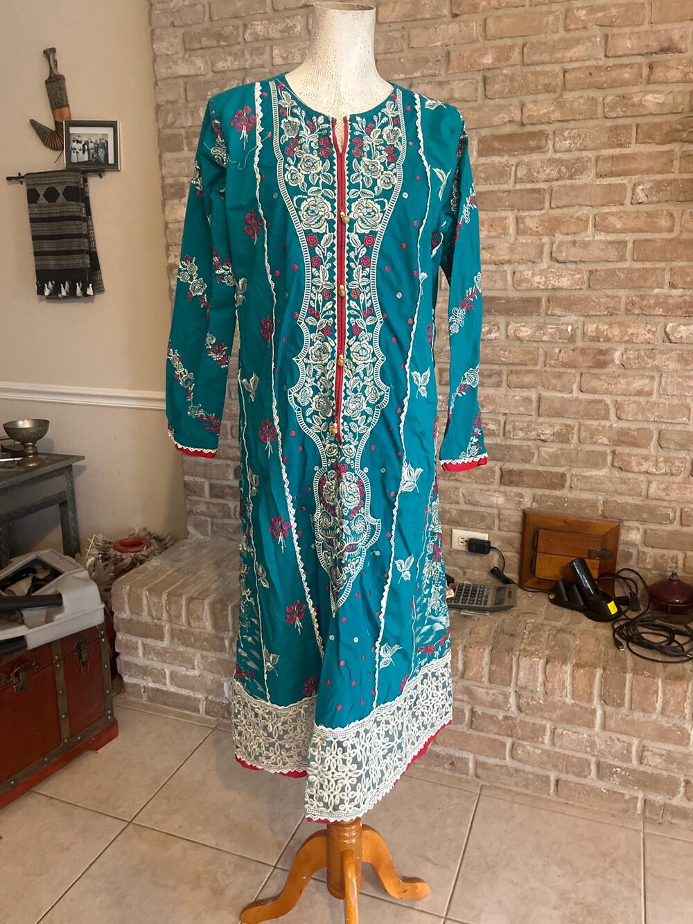 Embroidered Teal Floral Kurta Tunic Dress Lace Hem Boho Cottagecore
